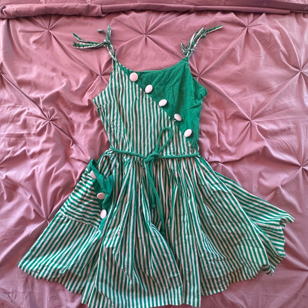Unique Vintage Green and White Striped Dress with Belt Small